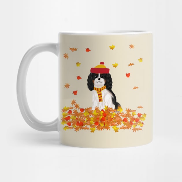 Tri Color Cavalier King Charles Spaniel in Autumn Leaves by Cavalier Gifts